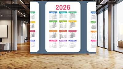 2025, 2026 and 2027 calendar set. Vector pocket calender design. Week starts on Sunday. January, February, March, April, May, June, July, August, September, October, November, December Wall mural