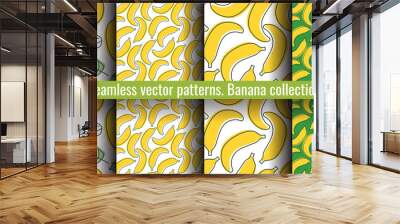 Banana seamless pattern set. Juicy fruit collection. Hand drawn color vector sketch background. Colorful doodle wallpaper. Summer print Wall mural