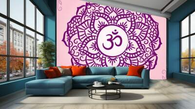 Om sign. Sahasrara sketch icon. The seventh crown, parietal chakra. Vector purple line symbol. Sacral meditation Wall mural