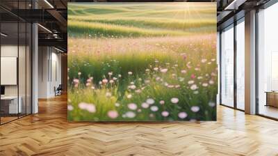 35mm film photography, Landscape nature blurred background.Panorama field sunshine view. abstract wallpaper.Summer design blossom meadow backdrop, high detail Wall mural