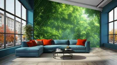 A tranquil bamboo forest, its slender stalks swaying gently in the breeze as shafts of sunlight filter through the canopy above Wall mural