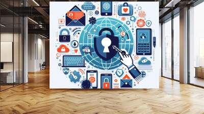 Cyber security Illustration,simple cyber security theme on white background describing data protection, password security, and online threats. Wall mural