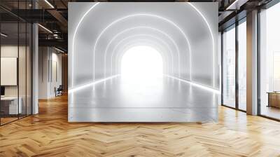 White background 3D room light abstract space technology tunnel stage floor. Empty white future 3D neon background studio futuristic corridor render modern interior silver road black wall design gray Wall mural