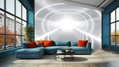 White background 3D room light abstract space technology tunnel stage floor. Empty white future 3D neon background studio futuristic corridor render modern interior silver road black wall design gray Wall mural