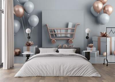 3D rendering of a gray colored shopping icon with brown and copper accessories, set against a gray background Wall mural