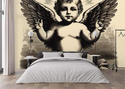 baby with wings old engraving vector style, baby vector illustration retro vintage handwriten style Wall mural