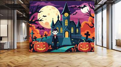 Halloween vector illustration background of celebrating a Halloween party. The scene is filled with a haunted house, pumpkins, bats. Halloween banner design template Wall mural