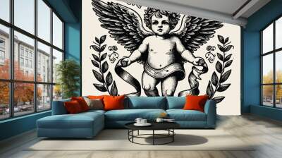 hand drawn baby with wings old engraving vector illustration style. retro vintage illustration baby with wings in old engraving vecor style Wall mural