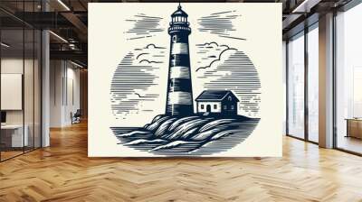 hand drawn lighthouse old engraving vector illustration style. lighthouse vintage illustration logo, emblem, icon old engraving style Wall mural