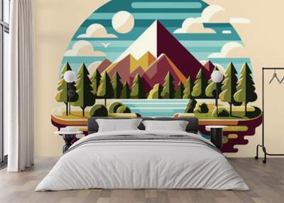 Nature Illustration Logo Vector Art With Mountain, Lake, Forest, Cloud Sky, Mountain Logo Wall mural