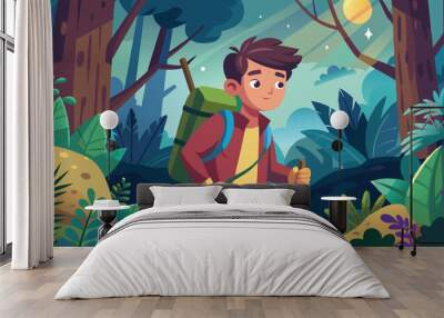 young man adventures in the beautiful forest, vector illustration Wall mural