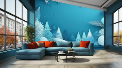 winter night scene in paper cut style. Festive layered background with 3D realistic paper landscape and snowfall. Wall mural