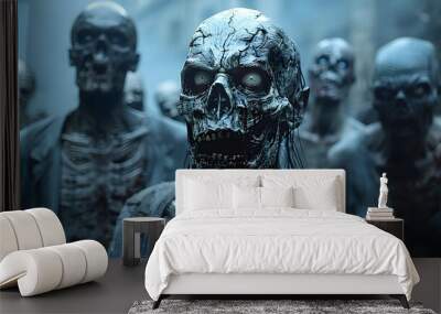  A haunted house on Halloween with skeletons and zombies roaming the grounds, creating a terrifying scene  Wall mural