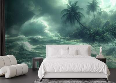 A hurricane seen from the coast, the waves tumultuous and crashing into the shore with fierce wind bending the palm trees Wall mural