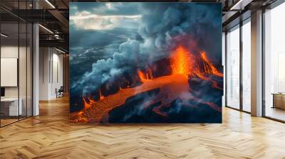 An aerial capture of a volcanic eruption, the lava flows creating a dynamic and ever-changing canvas Wall mural