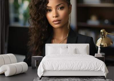 A beautiful, sophisticated black woman wearing an expensive suit and jewelry, while standing in front of her desk in her luxury home office.  Wall mural