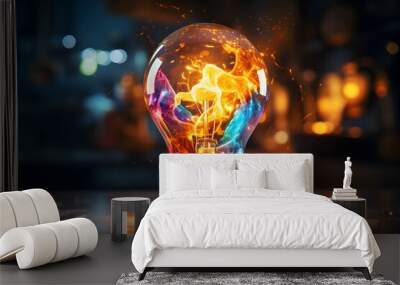 A glowing colorful lightbulb  Wall mural