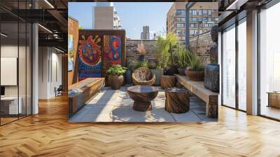 Artistic Rooftop Terrace: sculptures, wall murals, and unique furniture pieces, creative outdoor space Wall mural