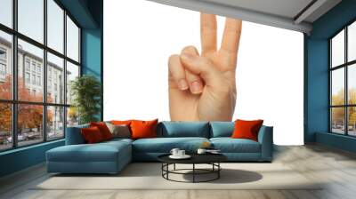 Finger spelling number 2 in American Sign Language on white background Wall mural