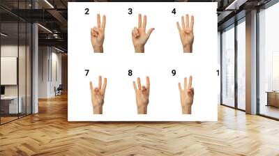 Finger spelling numbers from 1 to 10 in American Sign Language on white background Wall mural