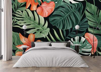 A cohesive and vibrant design depicting a tropical theme with palm leaves and monstera on a contrasting dark backdrop Wall mural