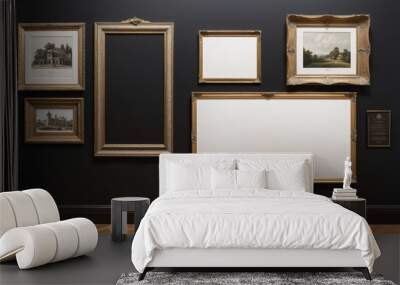 a vintage art fair gallery frame on a royal black wall during a museum or auction house display. a b Wall mural