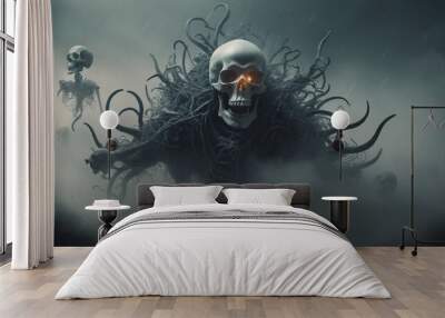 Banner featuring skulls of the dead. Illustration of a scary scene with ghostly skulls in a mist. Horror art. Heavy Metal Hard Rock Music Cover.. Halloween Topic.  Horror story cover. Wall mural