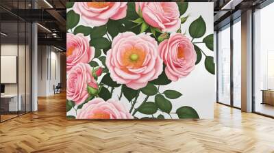 Beautiful roses with green leaves on white background Wall mural