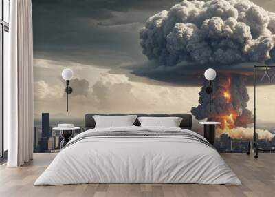 big nuclear explosion mushroom cloud effect over city skyline for apocalyptical aftermath of nuclear attach or the use of mass destruction weapons  Wall mural