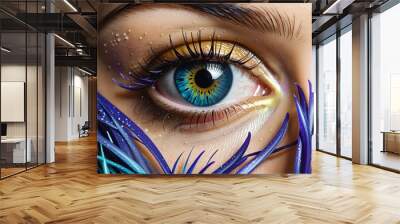 close up illustration of female eye with leaves Wall mural