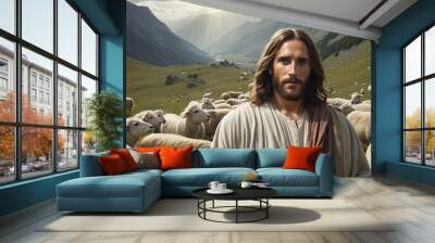 Jesus Christ The Shepherd in the middle of nature looking for the lost sheeps and offering salvation Wall mural