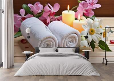 Roll up of towels with candles and flowers for massage spa treatment  Wall mural