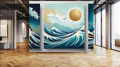 set of abstract art wavy backgrounds, covers, banners in Japanese style - illustration Wall mural