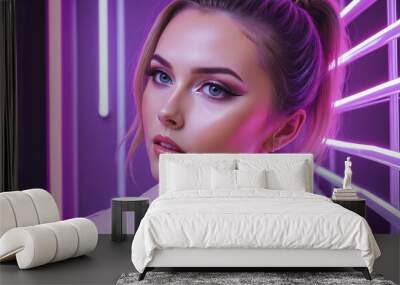 smart attractive stylish female woman confident feeling Portrait of young woman under neon light Wall mural