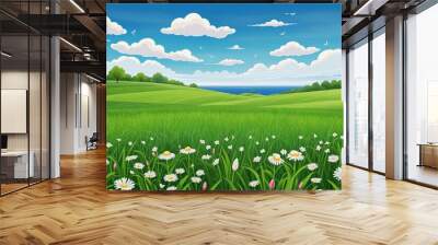 Spring background with rural grass field landscape, green leaves border on blue sky background Wall mural