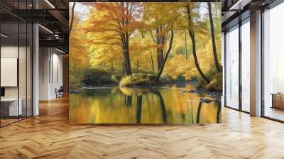 The vibrant autumn forest reflects its beauty in tranquil water Wall mural