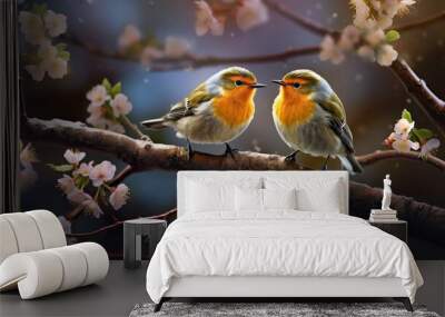 Two robin birds sitting on a branch of a blossoming tree Wall mural