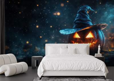 A glowing pumpkin wearing a witch's hat under a dark, starry night Wall mural