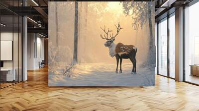 A reindeer standing in a snowy forest  Wall mural