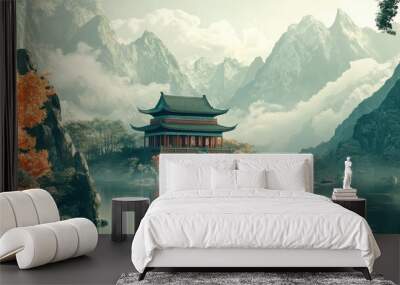 peaceful temple surrounded by mountains  Wall mural