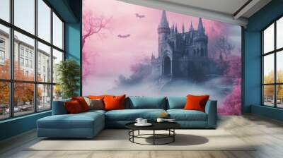 Pink Halloween scene with castle  Wall mural