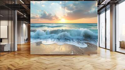 beautiful beach with waves ocean sunset Wall mural