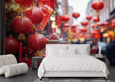 A vibrant street scene with red lanterns and decorations for Chinese New Year Wall mural