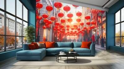 A vibrant street scene with red lanterns and decorations for Chinese New Year Wall mural