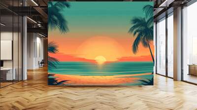 2d flat design illustration abstract colorful summer banner background with beach vibes decorate. illustration of sunset in the style of 80s retro, depicting a tropical beach landscape Wall mural