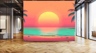 2d flat design illustration abstract colorful summer banner background with beach vibes decorate. illustration of sunset in the style of 80s retro, depicting a tropical beach landscape Wall mural