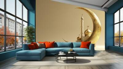 3d golden crescent in an oval shape with small mosque. ramadan kareem holiday celebration concept Wall mural