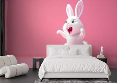 3d render of a cute white rabbit jumping on pink background Wall mural