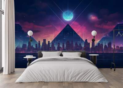 a city landscape with neon pyramids in the background, in the style of nostalgic Wall mural