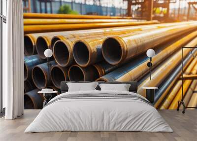 A close-up of stacked metal pipes, showcasing their shiny surfaces and industrial setting, indicating storage for construction or manufacturing. Wall mural